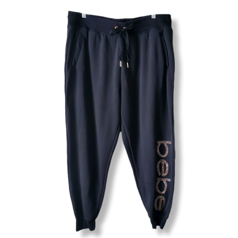 Women BEBE Black Stud Logo Spell Out Jogger 2X Baddie 2000s Athleisure Lounge